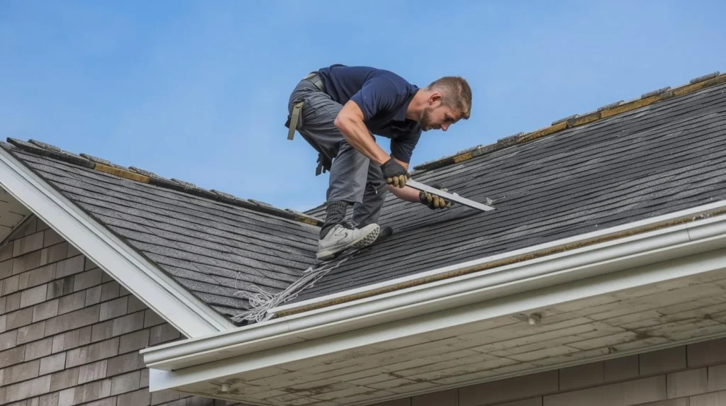 Fresh gutter system attached to house eave for water drainage