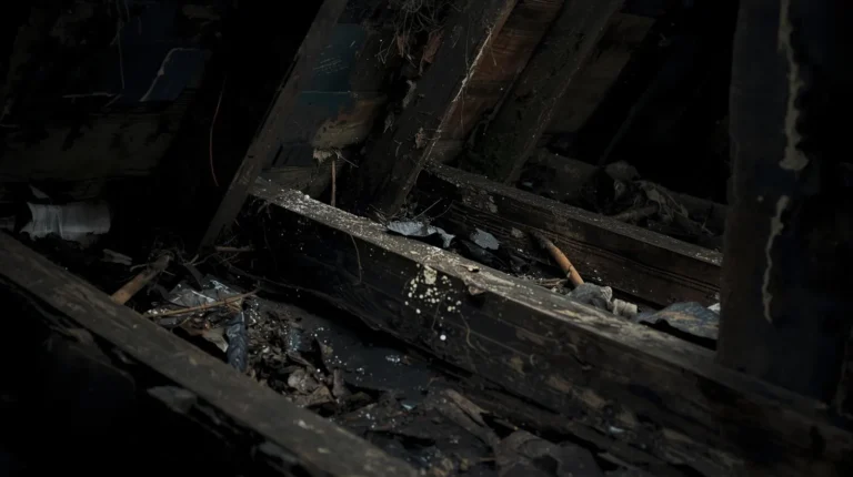 Signs of attic moisture damage inside a home roof including damp decking, insulation issues, and ventilation problems